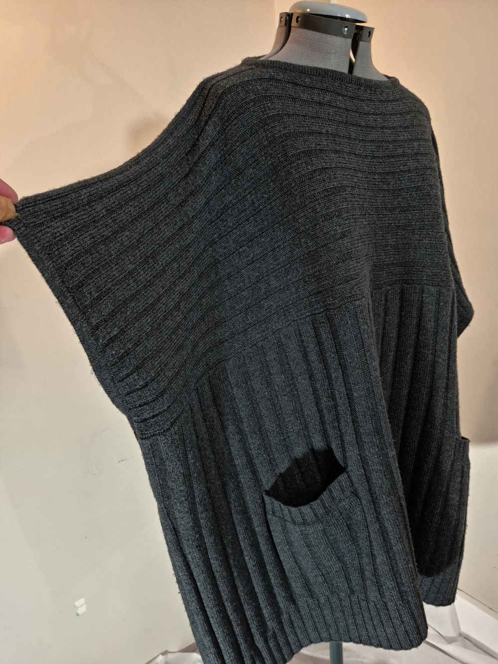 Charcoal Ribbed Poncho Sweater - Women